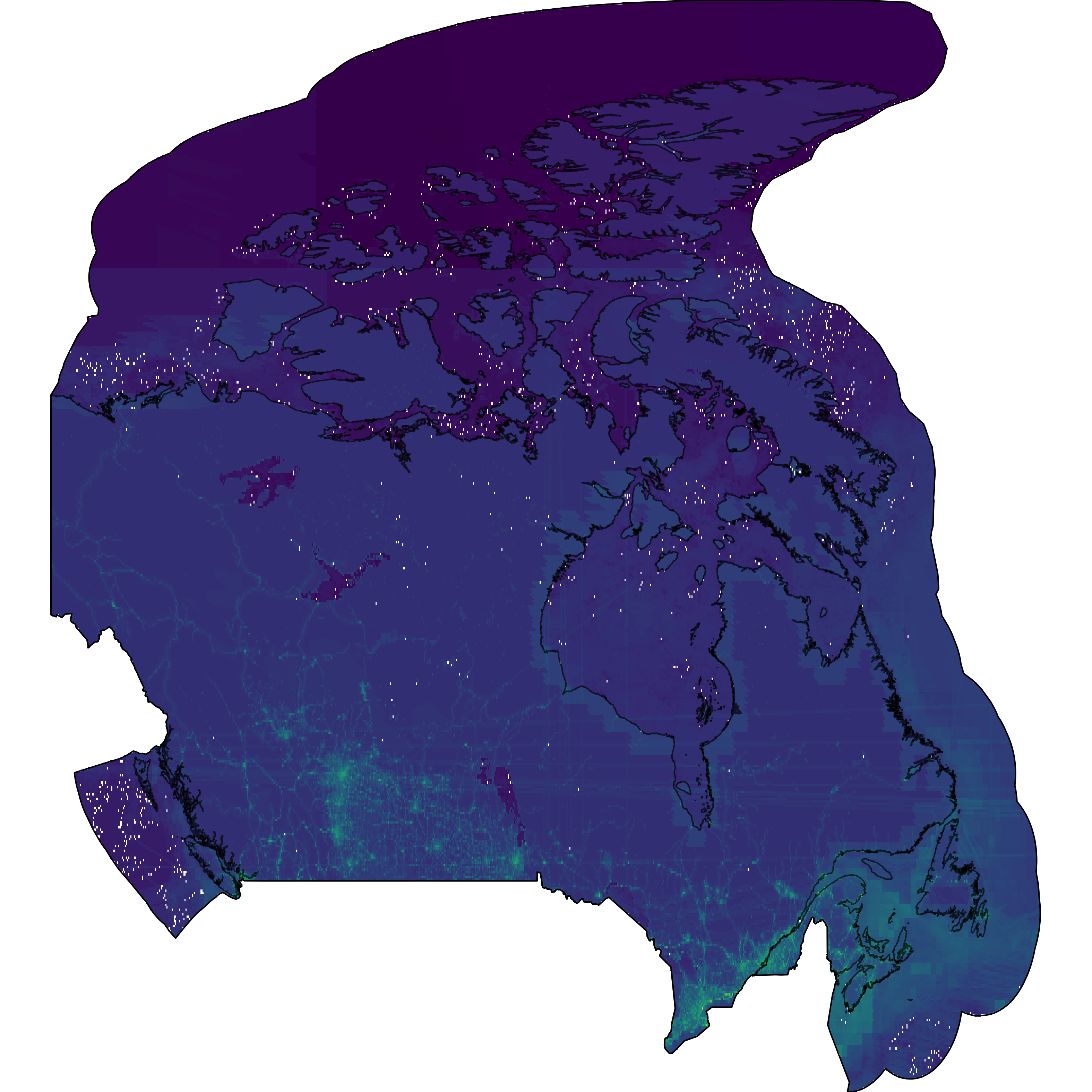 Cumulative stressors across Canadian terrestrial and marine ecosystems, using X terrestrial [@venter2016] and Y marine stressors [@halpern2015]. White spots are artefacts of data extraction and will be adjusted later in the process.